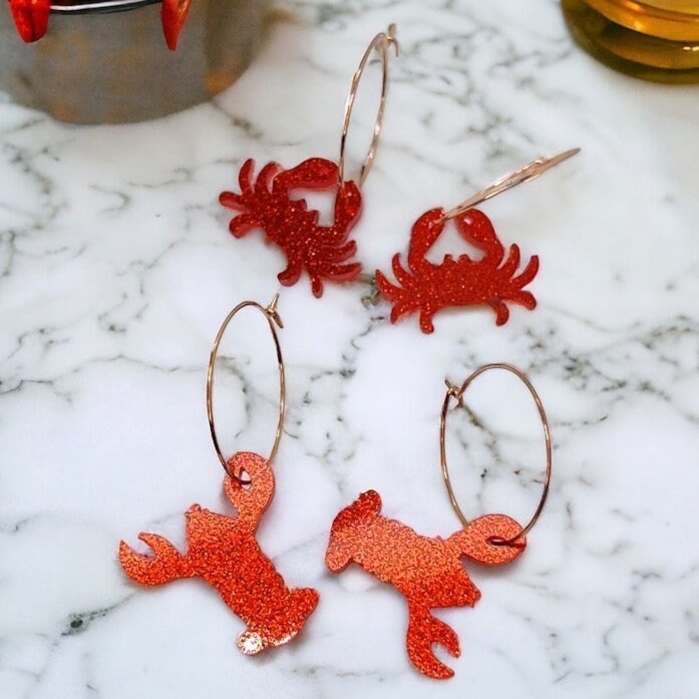 Cajun Charm: Set of Two Crawfish and Crab Hoop Earrings! 🦞🦀 NWT